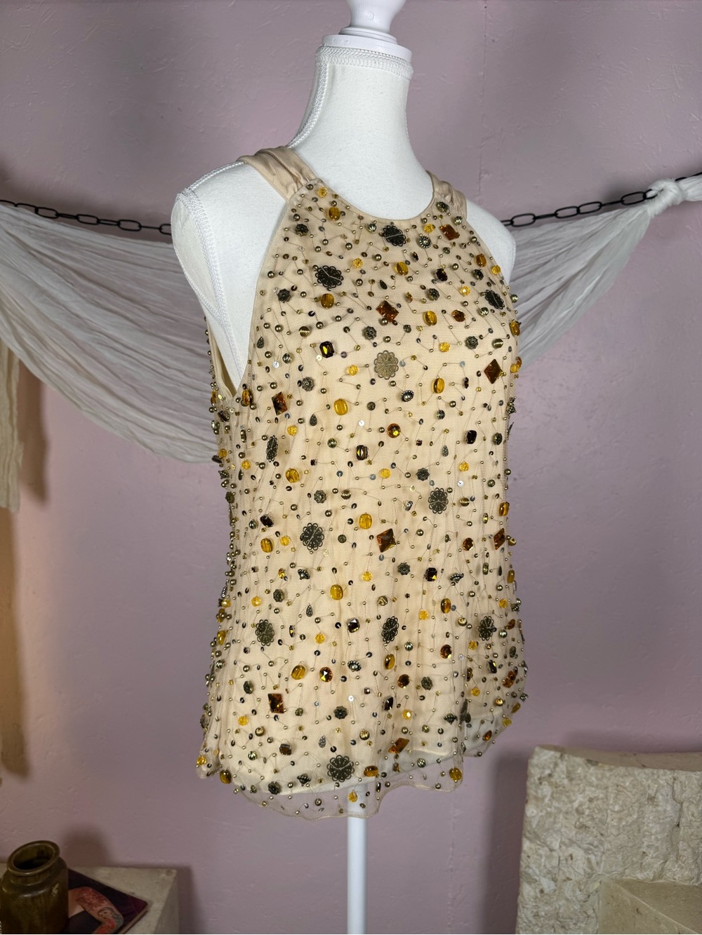 Worthington Beaded Embellished Mesh Tank Top | Size 8